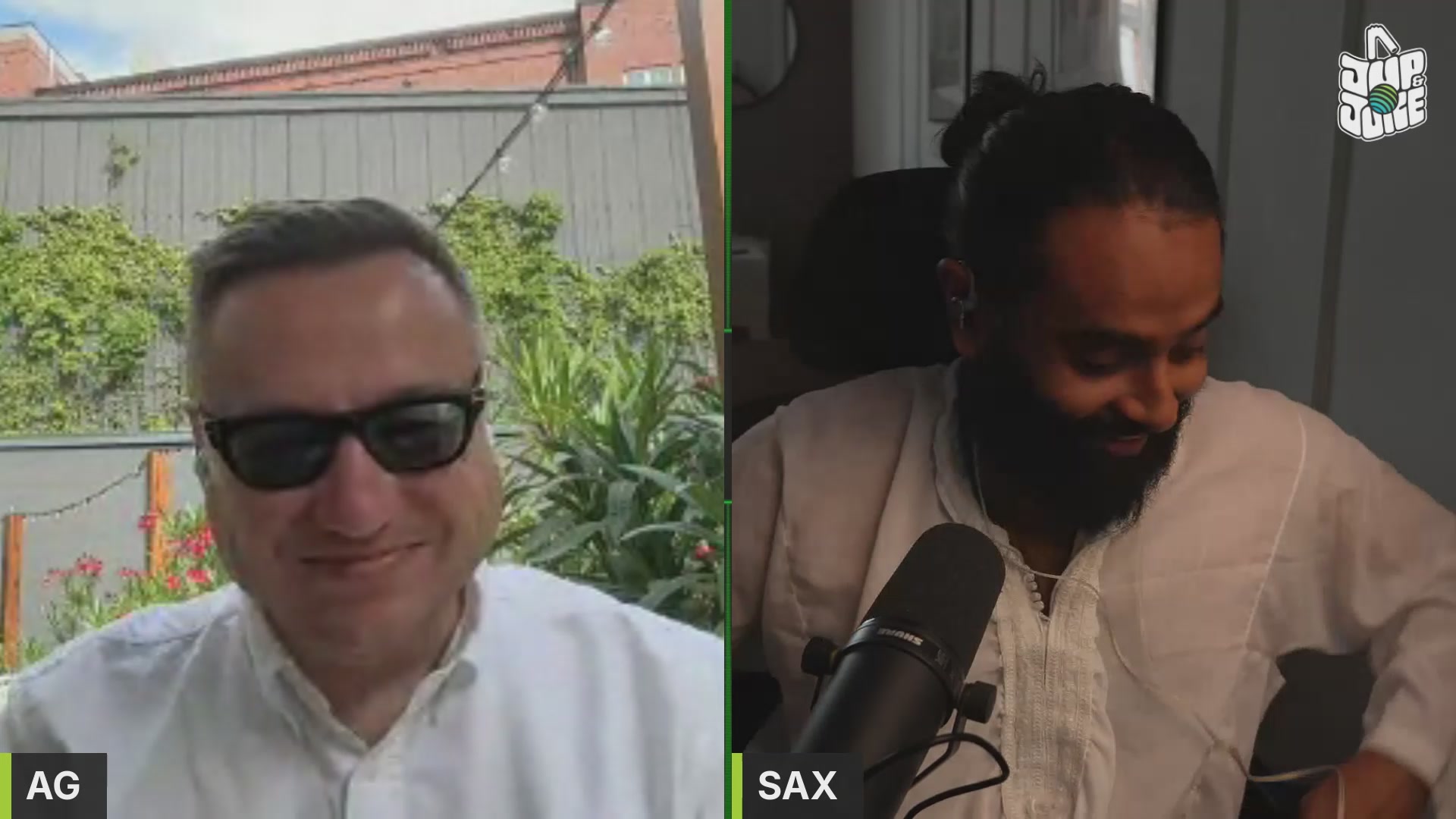The image shows two men sitting next to each other, with one man wearing sunglasses and a white shirt while the other has a beard and is wearing glasses. They are both looking at the camera, possibly participating in an interview or discussion about their experience at the hackathon. The background of the image features a building, suggesting that they might be in an urban setting. The post also includes text that reads "Jupiter Hackathon winners | 99".