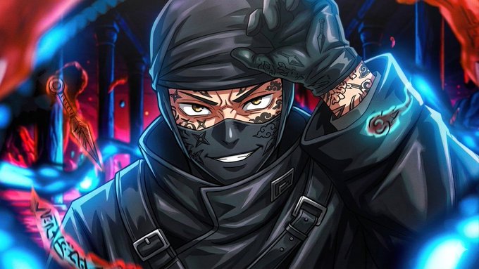 An anime-style illustration of a tattooed character in black tactical gear and face covering, with glowing blue and red energy in the background.