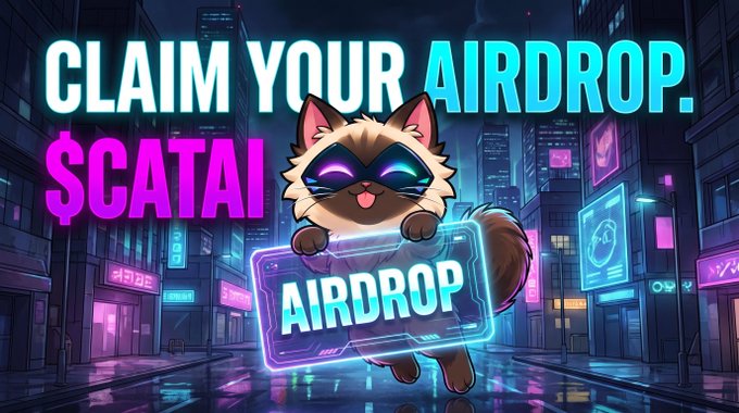 A cartoon cat mascot wearing glowing sunglasses holds a neon "AIRDROP" ticket against a futuristic cyberpunk city backdrop, with the bold text "CLAIM YOUR AIRDROP. $CATAi" displayed prominently—visually promoting the cryptocurrency giveaway tied to the post's call for Solana addresses in exchange for engagement.