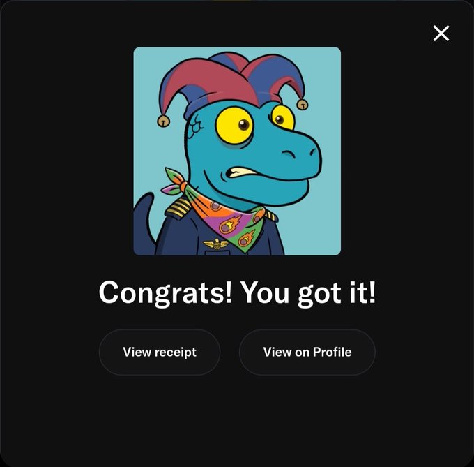 A confirmation screen reading 'Congrats! You got it!' with an illustration of a blue dinosaur wearing a jester hat and bandana, offering buttons to 'View receipt' or 'View on Profile'.