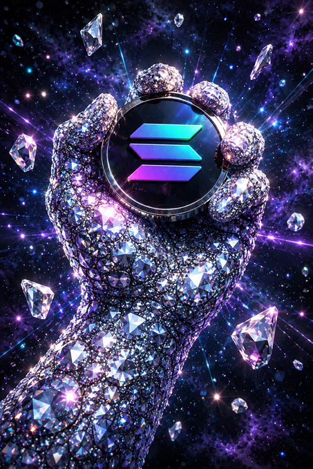 A glittering, crystal-encrusted hand holds up a circular emblem featuring the Solana logo (the purple-to-teal gradient triple-bar symbol) against a cosmic purple backdrop, visually representing the "diamond hands" motto by symbolizing unwavering, unbreakable commitment to holding Solana.