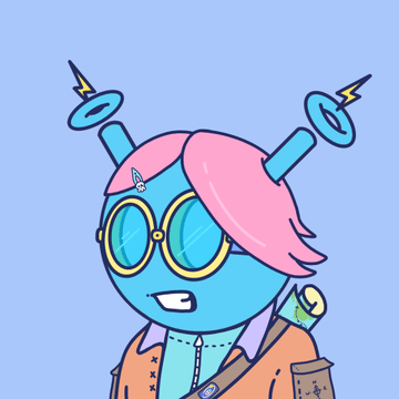 An illustration of a blue-skinned cartoon character with pink hair, round yellow-rimmed glasses, and antenna-like accessories sticking out of its head.