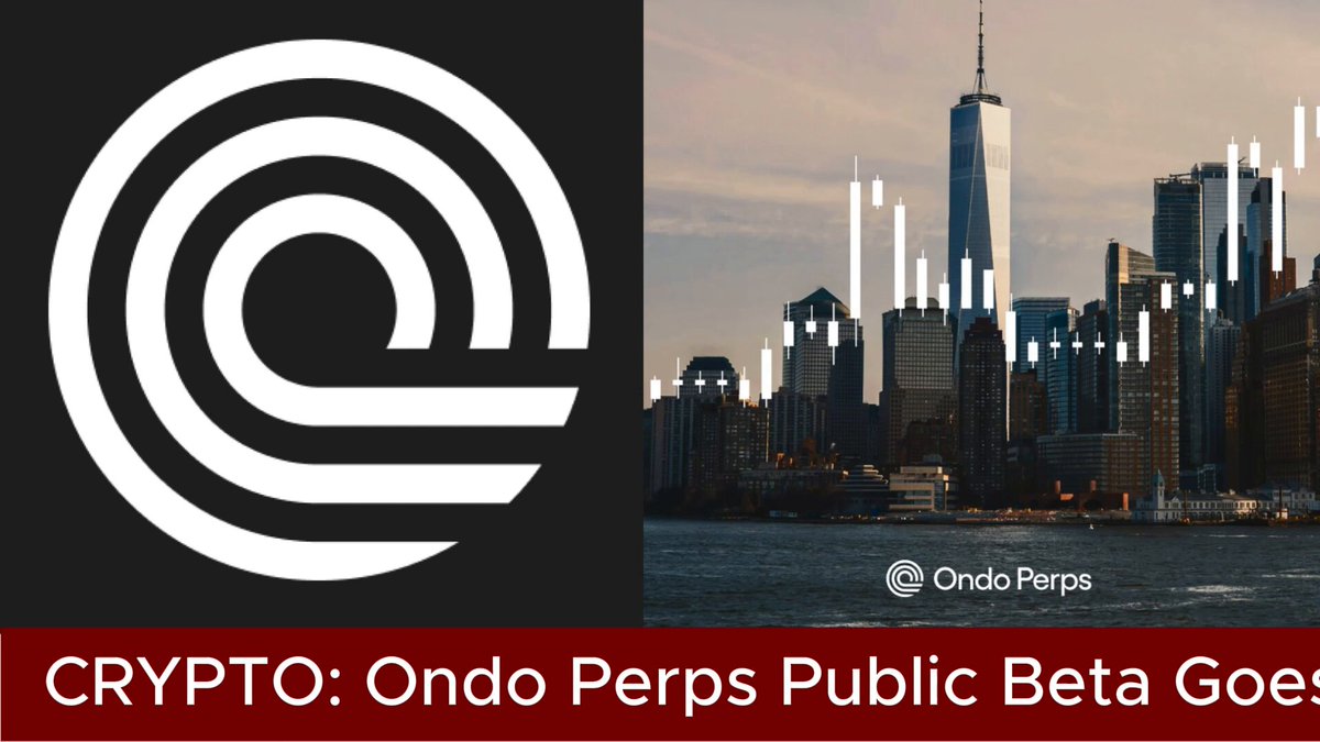 The image features a city skyline with a large skyscraper, which serves as the backdrop for an advertisement promoting a cryptocurrency called "Crypto." The text above the image reads "Crypto: Ondo Perps Public Beta Goes Live Ondo Perps Public beta goes live Ondo Perps Public beta goes live", indicating that the platform is now open to trading and users can access the public beta.