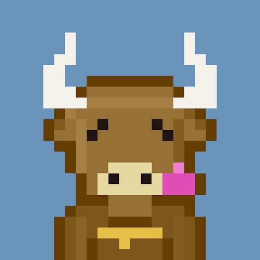 A pixel art image of a brown cow character with white horns, a pink tongue sticking out, wearing a brown outfit against a blue background.