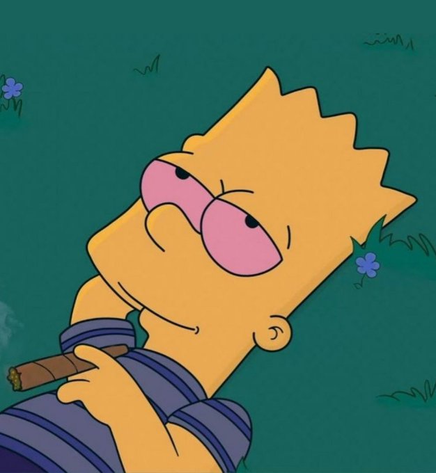 Bart Simpson, shown with bloodshot eyes, lies on grass while holding a cigar, as if waking up rough after a long night — a humorous contrast to the cheerful "Good morning" greeting.