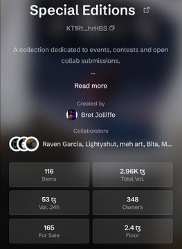 A mobile app screenshot of the Rarible NFT platform showing a 'Special Editions' collection (K1RLJHBS) by Bret Jolliffe, with collaborators including Raven Garcia, Lightysut, meh art, and Blta_M, displaying 116 items, 2.96K TG total volume, and 348 owners.