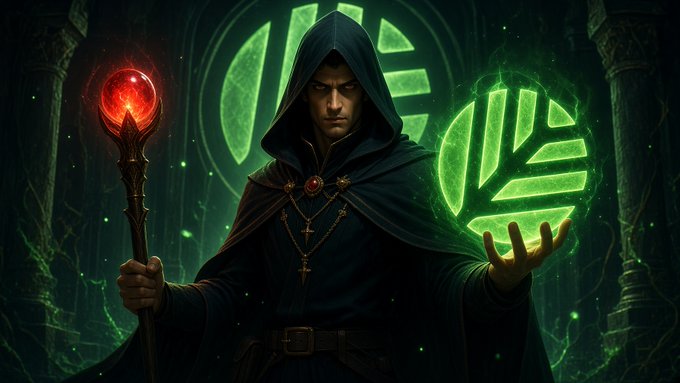A dark fantasy digital artwork depicting a hooded sorcerer holding a glowing red staff in one hand and conjuring green magical energy in the other, set against an ornate architectural backdrop.