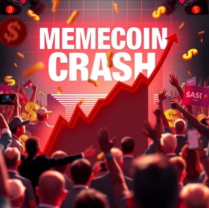 A vibrant promotional graphic titled 'MEMECOIN CRASH' in bold white letters, showing a red upward-trending chart line and dollar signs above an excited crowd.