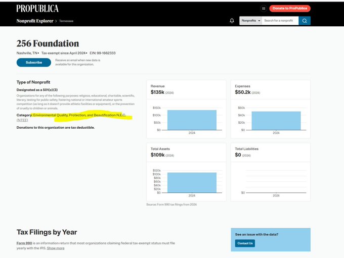 A ProPublica Nonprofit Explorer page for '256 Foundation' in Nashville, TN, an Environmental Quality, Protection, and Beautification N.E.C. showing 2024 revenue of $135k, expenses of $50.2k, and total assets of $109k.