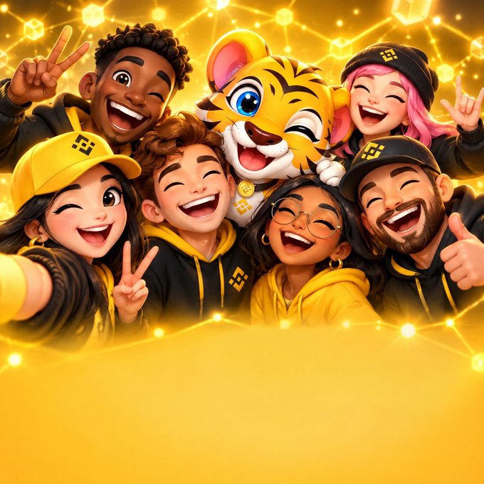 A vibrant illustration of six cartoon-style characters and a tiger mascot wearing black and yellow outfits with a Binance logo, set against a bright yellow background with geometric patterns.