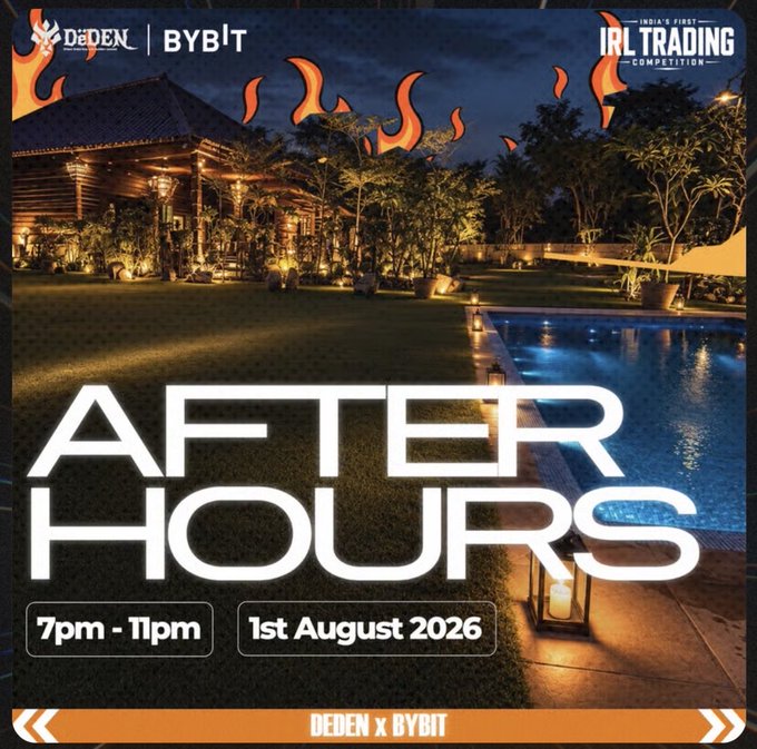 Promotional graphic for "After Hours," an evening event running 7pm–11pm on 1st August 2026, hosted by Bybit and DEDEN as part of India's first IRL Trading Competition, featuring a luxurious outdoor poolside venue with fire motifs and a $5000 prize pool.