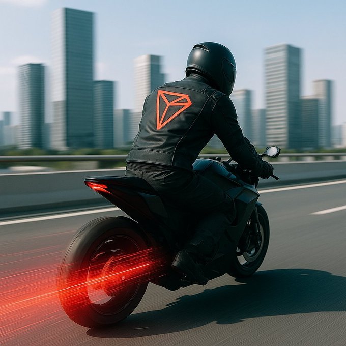 A motorcyclist in black leather gear and helmet with an orange triangle logo rides a black sportbike on a highway, with red light trails coming from the rear wheel, set against a city skyline.
