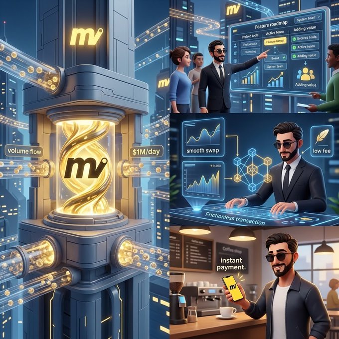 The image is a 4-panel collage highlighting the "MV" (Moove) crypto platform, showing its futuristic core processing $1M/day in volume flow, a team reviewing a "Feature roadmap" with checkmarks, a representative demoing "smooth swap" and "frictionless transaction" tools with low fees, and a user enjoying "instant payment" via the app at a café—visually reinforcing the post's praise for Moove's seamless daily transactions, strong volume, and improved swap experience.