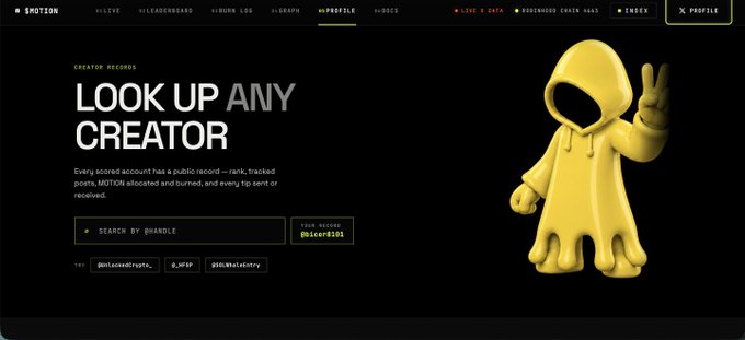 A dark-themed webpage or app interface for 'MOTION' displaying the text 'LOOK UP ANY CREATOR' and explaining that every scored account has a public record, alongside a 3D yellow character making a peace sign.