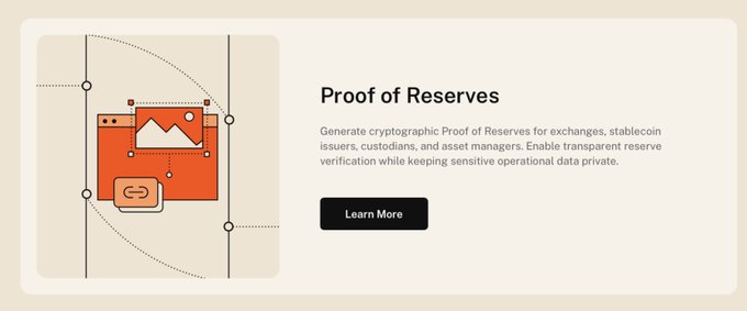 The image is a promotional card titled "Proof of Reserves" describing a service that generates cryptographic Proof of Reserves for exchanges, stablecoin issuers, custodians, and asset managers to enable transparent reserve verification while keeping sensitive operational data private, with a "Learn More" button. The illustration shows a stylized orange browser window with an image icon and a chain link symbol, visually representing the transparency and privacy balance that Primus Labs addresses in their approach.