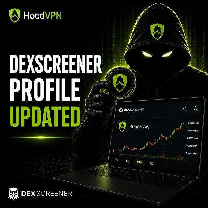 A promotional graphic featuring a hooded figure with glowing eyes next to a HoodVPN branded DEXSCREENER profile update, with laptop displaying a trading chart for $HOODVPN.