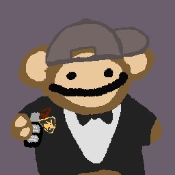 A pixel art illustration depicts a monkey character wearing a gray cap, white shirt, and black vest with a bow tie, holding what appears to be a beverage can.