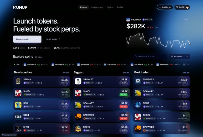 A screenshot of a cryptocurrency website called 'RUNUP' with the tagline 'Launch tokens. Fueled by stock perps.', showing a list of coins including $BUNA, $RUNCAT, and $INBOSS, with a displayed value of $282K.