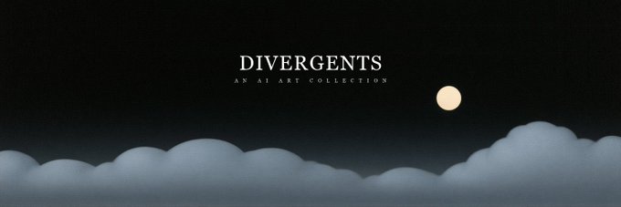 A title card reading 'DIVERGENTS AN AI ART COLLECTION' displayed against a dark night sky with clouds and a full moon.