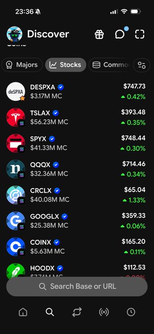 Mobile screenshot of the Base app's Discover page showing the Stocks tab with tickers like DESPXA ($747.73), TSLAX ($393.48), SPYX ($748.44), QQQX ($714.46), CRCLX ($65.04), GOOGLX ($359.33), COINX ($165.20), and HOODX ($112.53), all showing small gains.