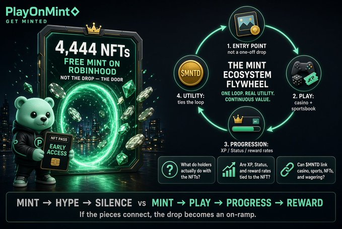 A PlayOnMint promotional graphic advertising "4,444 NFTs FREE MINT ON ROBINHOOD" featuring a bear mascot with an NFT Pass and explaining the mint ecosystem flywheel.
