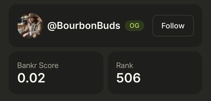 A profile card for @BourbonBuds displays a Bankr Score of 0.02 and a Rank of 506, showing the user has just missed the top 500 cutoff, tying into their post about catching themselves in the top 500 before EOD for $BNKR.