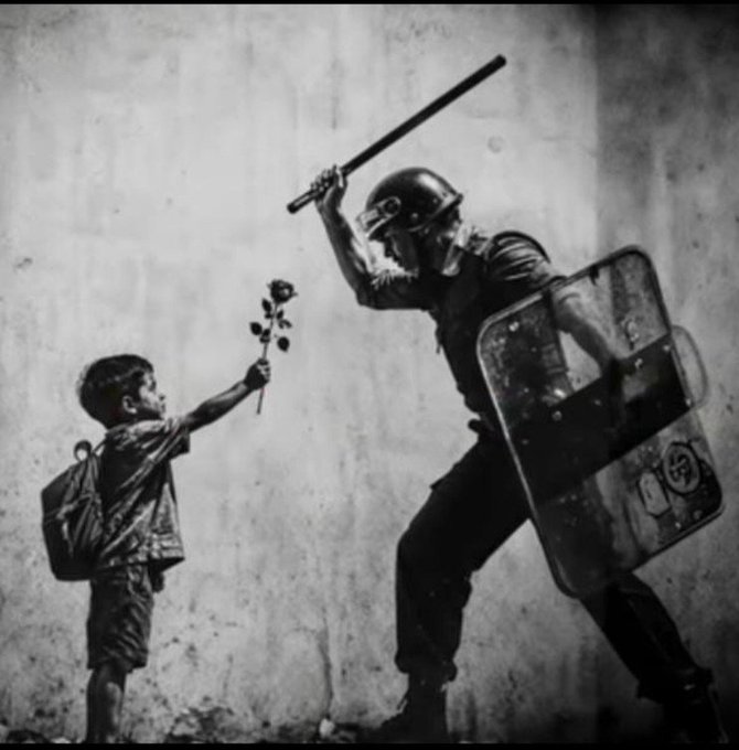 A black and white artwork depicting a small boy with a backpack offering a rose to a riot police officer who is wielding a baton and shield.