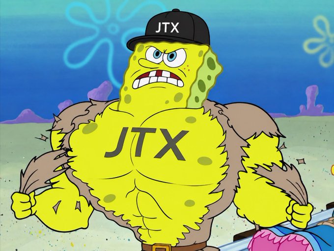 A SpongeBob SquarePants meme image showing a muscular, fur-covered version of SpongeBob wearing a black cap and displaying 'JTX' on his chest, with JTX on the hat as well.
