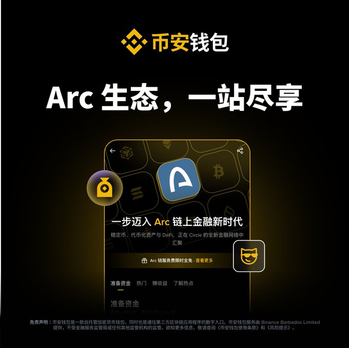 A Binance Wallet (币安钱包) promotional image featuring the Arc ecosystem, displaying the headline "Arc 生态，一站尽享" (Arc Ecosystem, All in One Stop) with a phone mockup highlighting features like one-stop access to the Arc chain, trending memecoins, hot LP opportunities, and zero service fees on Arc chain trading.