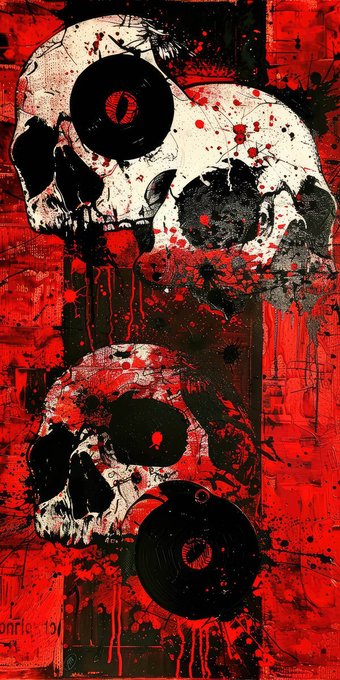 This digital artwork titled "Tragedy" features a stylized, high-contrast composition of two skulls integrated with vinyl records against a red and black splatter background. The piece reflects the theme of "Tragedy" suggested by its dark, chaotic imagery and is presented as an Open Edition NFT.