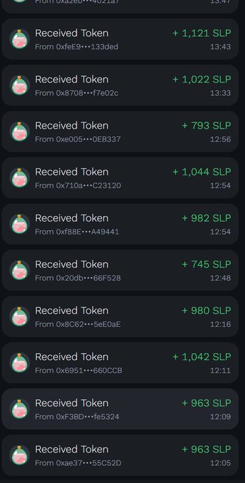Screenshot of a mobile app transaction history showing multiple 'Received Token' entries with various SLP amounts (ranging from 745 to 1,121 SLP) received from different blockchain addresses with partial IDs and timestamps.