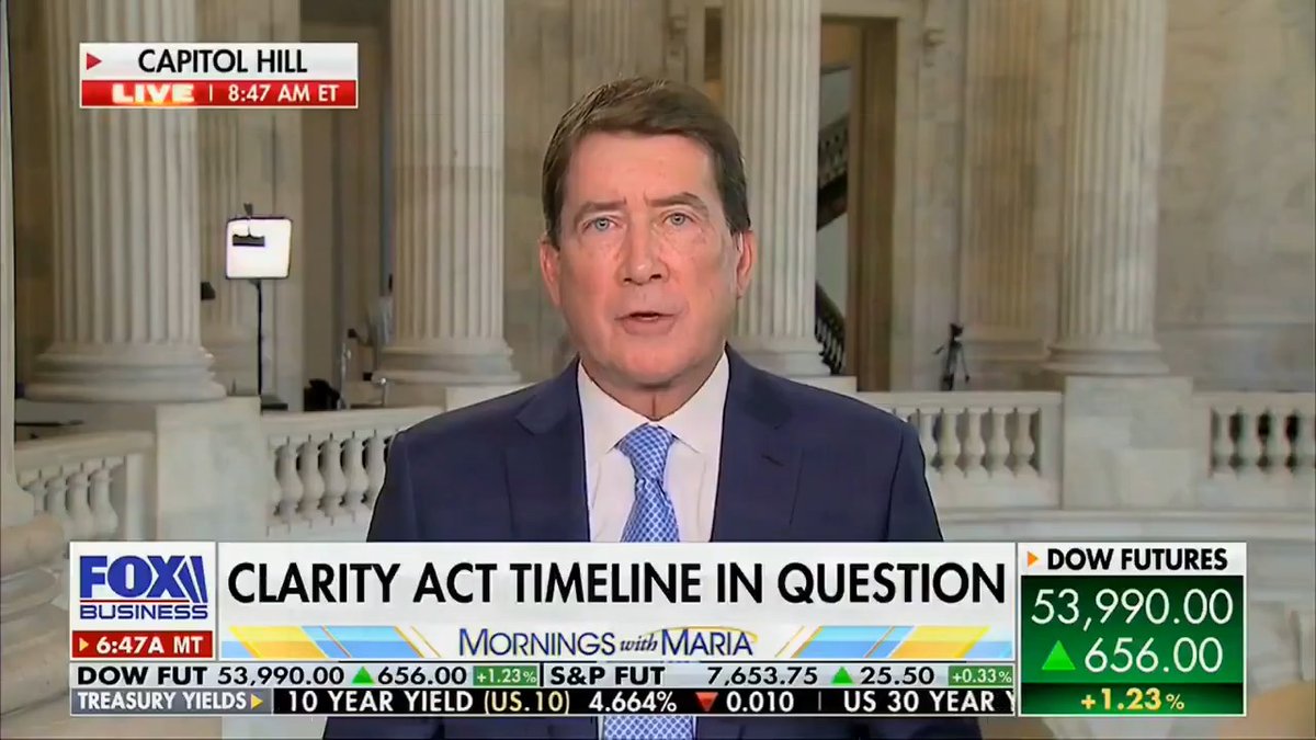 This image shows Senator Bill Hagerty speaking on Fox Business, with a chyron indicating that the "CLARITY ACT TIMELINE IN QUESTION". This visually supports the urgency expressed in the accompanying post about passing the CLARITY Act.