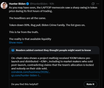 A tweet from Hunter Biden (@HunterBiden) about the LAPTOP memecoin, noting it saw a sharp swing in token price during its first hours of trading, with headlines claiming "Token down 99%," while Community Notes provides context showing ~42M+ tokens were pre-launch and distributed to market makers.