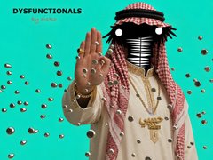 A stylized figure wearing a keffiyeh and traditional Arab robes with armored gauntlets stops bullets that hover mid-air. The text 'DYSFUNCTIONALS' appears in the corner.