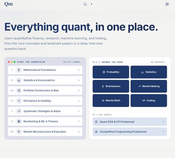 A website landing page for "Everything quant, in one place" with sections for "START THE CURRICULUM" listing topics like Mathematical Foundations and Portfolio Construction, alongside a "BROWSE THE BANK" section.