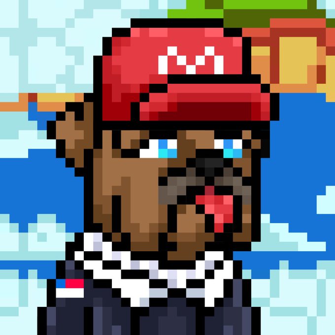 A pixel art portrait of a brown dog wearing a red beanie with a white 'M' logo, stickers, and a spiked collar, set against a blocky sky and landscape.