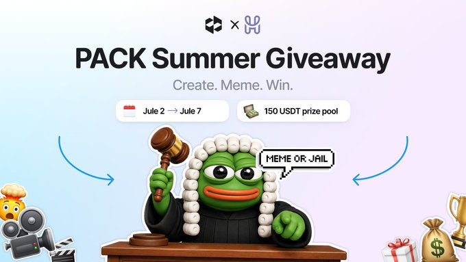 The image is a promotional graphic for the "PACK Summer Giveaway" featuring a green Pepe-style frog dressed as a judge with a gavel and a "MEME OR JAIL" speech bubble, advertising a July 2–7 contest with a 150 USDT prize pool in partnership between HashPack and Hedera (indicated by the logos at the top). The "MEME OR JAIL" theme ties directly to the giveaway's prompt for fans to submit creative meme-based entries for a chance to win USDT prizes.