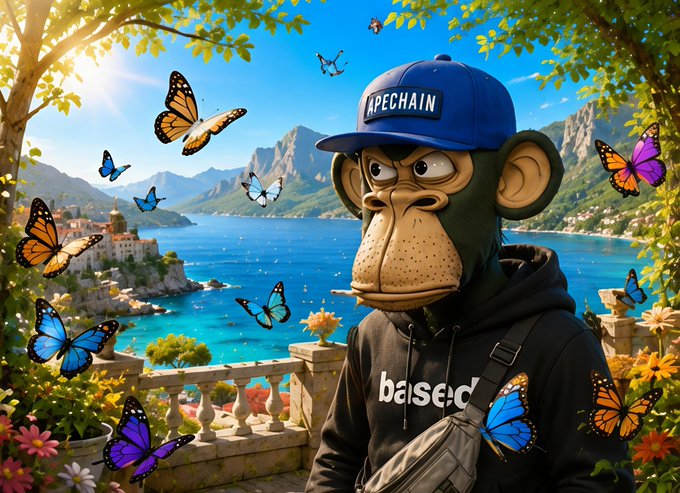 A cartoon ape wearing a blue "APECHAIN" cap and a black "based" hoodie stands against a vibrant coastal backdrop surrounded by colorful butterflies. The image's imagery of a stylized ape character relates to crypto/Web3 culture themes, while the post highlights @quipnetwork's role in building decentralized compute infrastructure for AI and Web3 applications.