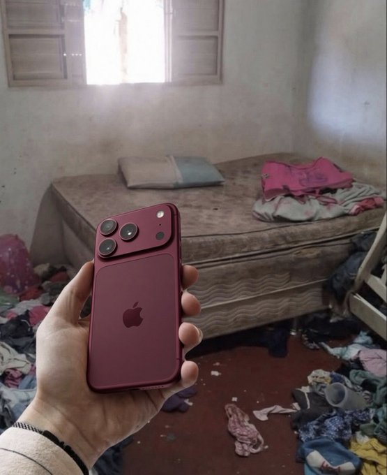 A hand holds up a red iPhone, likely a Pro model given the camera array, displaying its back Apple logo against the backdrop of a messy bedroom with a mattress on the floor.