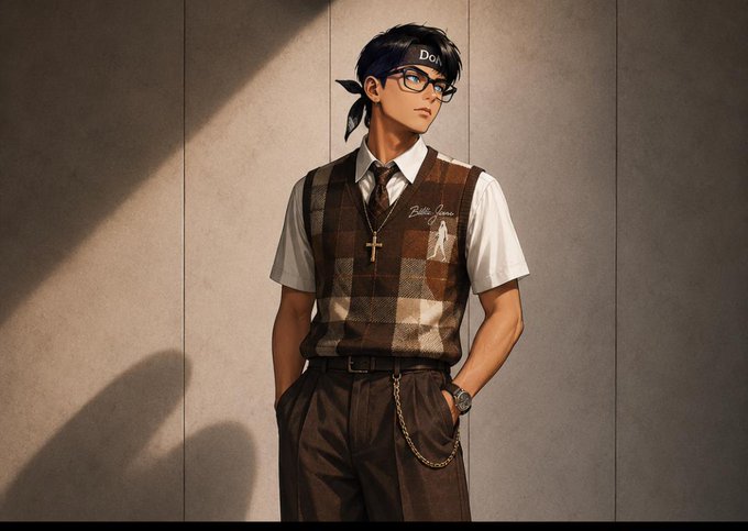 The image features a young man wearing glasses, a vest, and a tie. He has his hands in his pockets and appears to be posing for a photo. The background of the image shows a wall with a shadow cast upon it. There is also text present that reads "Still striving on Blessed is the creator for giving us a new day GM to those using @useTria cards - Got paid for a few clips on clipur ... at the same time, @TermMaxFi bug campaign is". The young man's attire and pose suggest he might be participating in an event or promotional activity related to the @useTria app.