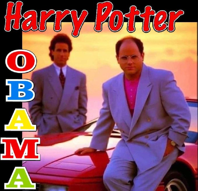 A nostalgic 'Harry Potter Obama' parody graphic showing the two Seinfeld characters (Jerry and George) in pastel suits leaning on a red sports car at sunset.