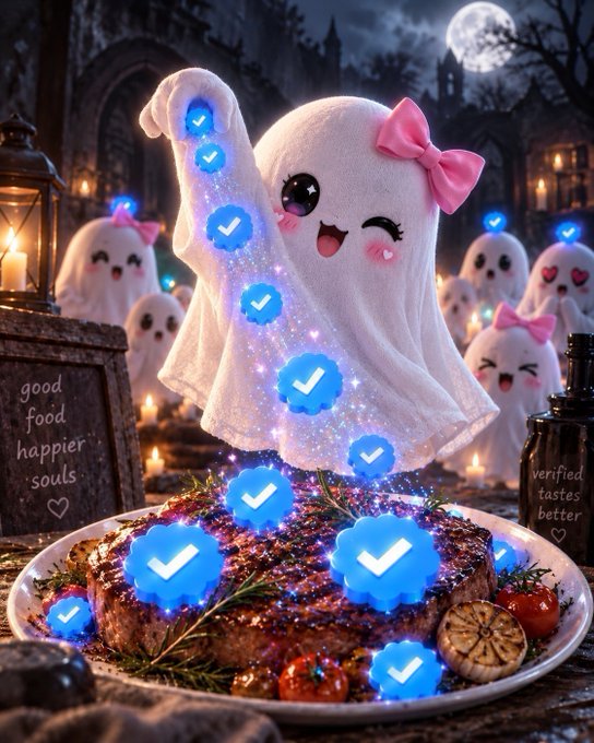 A cute kawaii ghost wearing a pink bow waves cheerfully atop a steaming steak dish, surrounded by glowing blue verified checkmarks and an audience of adorable ghost onlookers under a full moon. A chalkboard sign reads "good food happier souls" and a bottle displays "verified tastes better," playfully riffing on the post's theme that the moon watches every builder equally—verified status or not, all are judged by the same cosmic standard.