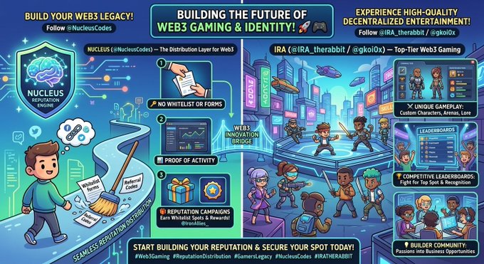 A colorful web3 gaming promotional graphic for 'BUILD YOUR WEB3 LEGACY!' featuring NUCLEUS as 'The Distribution Layer for Web3' and IRA_therabbit as 'Top-Tier Web3 Gaming,' highlighting whitelist rewards, reputation campaigns, and a unique gameplay arena.