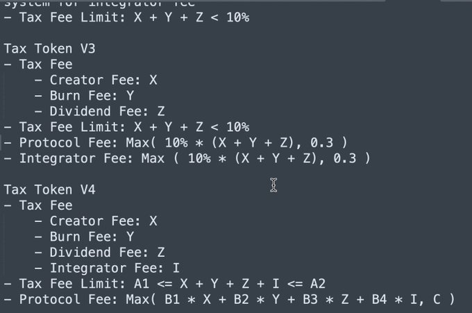 The image shows a technical specification document for "Tax Token V3" and "Tax Token V4" contracts, detailing fee structures including Creator Fee (X), Burn Fee (Y), Dividend Fee (Z), and Integrator Fee (I), along with constraints like Tax Fee Limits and Protocol Fee formulas. 

This relates to the post as it outlines the upcoming Tax Token contract implementations being discussed, specifically showing the meeting notes for V3's simpler fee structure and V4's more advanced version that adds an integrator fee and configurable tax fee limits.