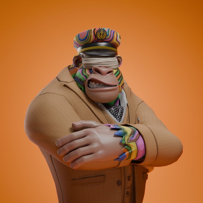 A 3D-rendered character of a muscular gorilla in a tan suit, wearing a colorful captain's hat with a blindfold, posed with arms crossed against an orange background.