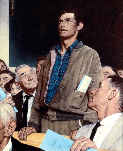 A classic Norman Rockwell-style painting of a tall, gaunt man standing among a crowd, evoking the "Freedom of Speech" aesthetic.