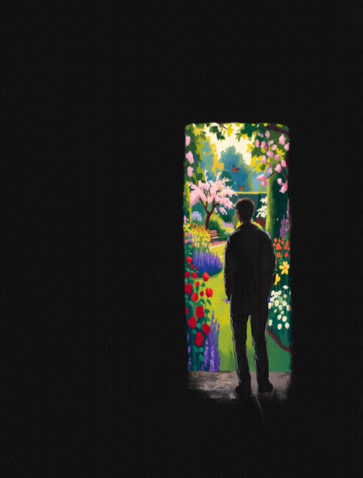 A painted illustration showing a silhouetted figure standing in a doorway, looking out into a vibrant garden filled with colorful flowers, trees, and butterflies.