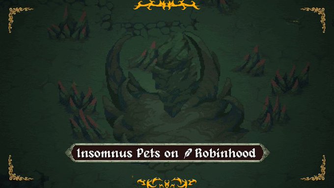 The image shows a dark pixel-style scene featuring a demonic creature with large horns and glowing red eyes surrounded by jagged rock formations, with the text "Insomnus Pets on Robinhood" displayed at the bottom.

The illustration visually represents the @insomnusxyz game mentioned in the post, showcasing its dark aesthetic and pixel-art style characteristic of the survival Roguelike game running on Robinhood Chain.