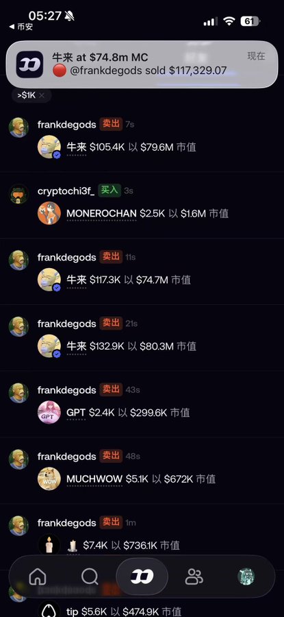 A mobile app screenshot displays real-time crypto trading notifications, showing the user 'frankdegods' making multiple sell (卖出) orders on tokens including 牛来 ($74.7M market cap), MONEROCHAN, GPT, MUCHWOW, and tip, while 'cryptochi3f' made a buy (买入).