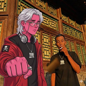 An AI-generated stylized illustration showing a pink-skinned character with white hair, glasses, a red hoodie, and a skull patch standing next to a man smoking, set against an ornate wooden architectural backdrop.